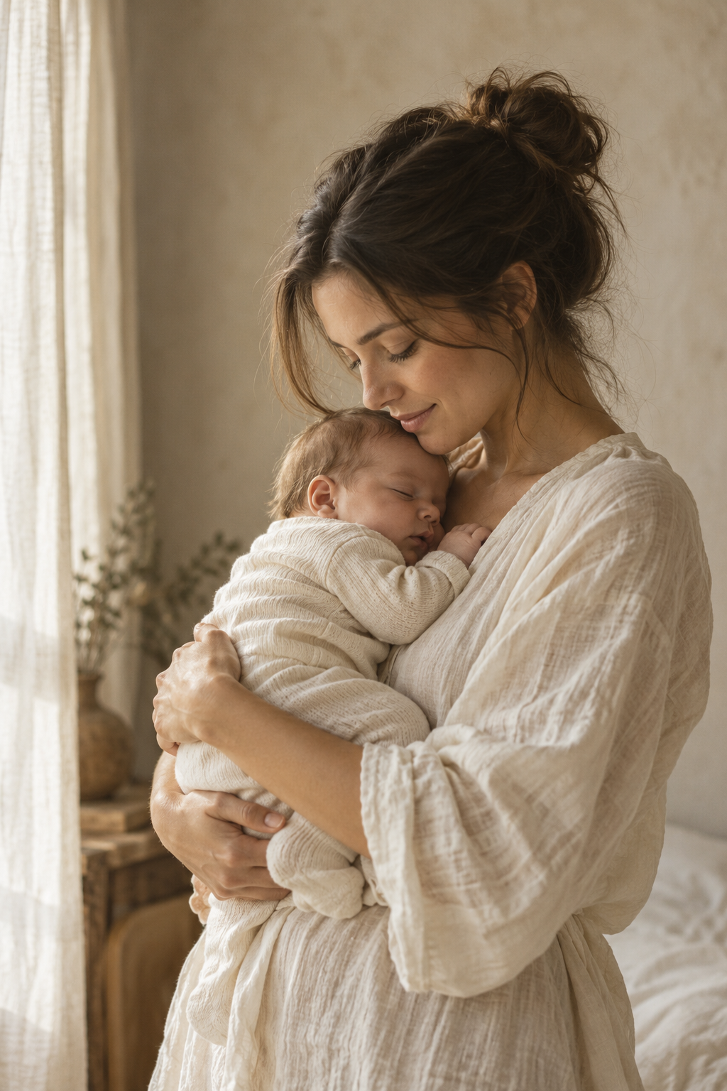 A mother gently cradles her sleeping newborn in warm natural light